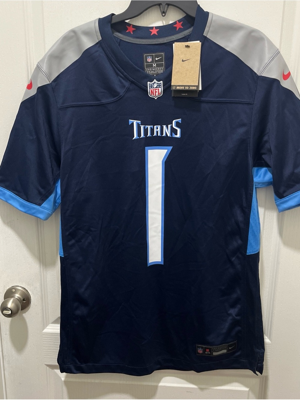 Nike Titans Men's Navy and Light Blue Football Jersey